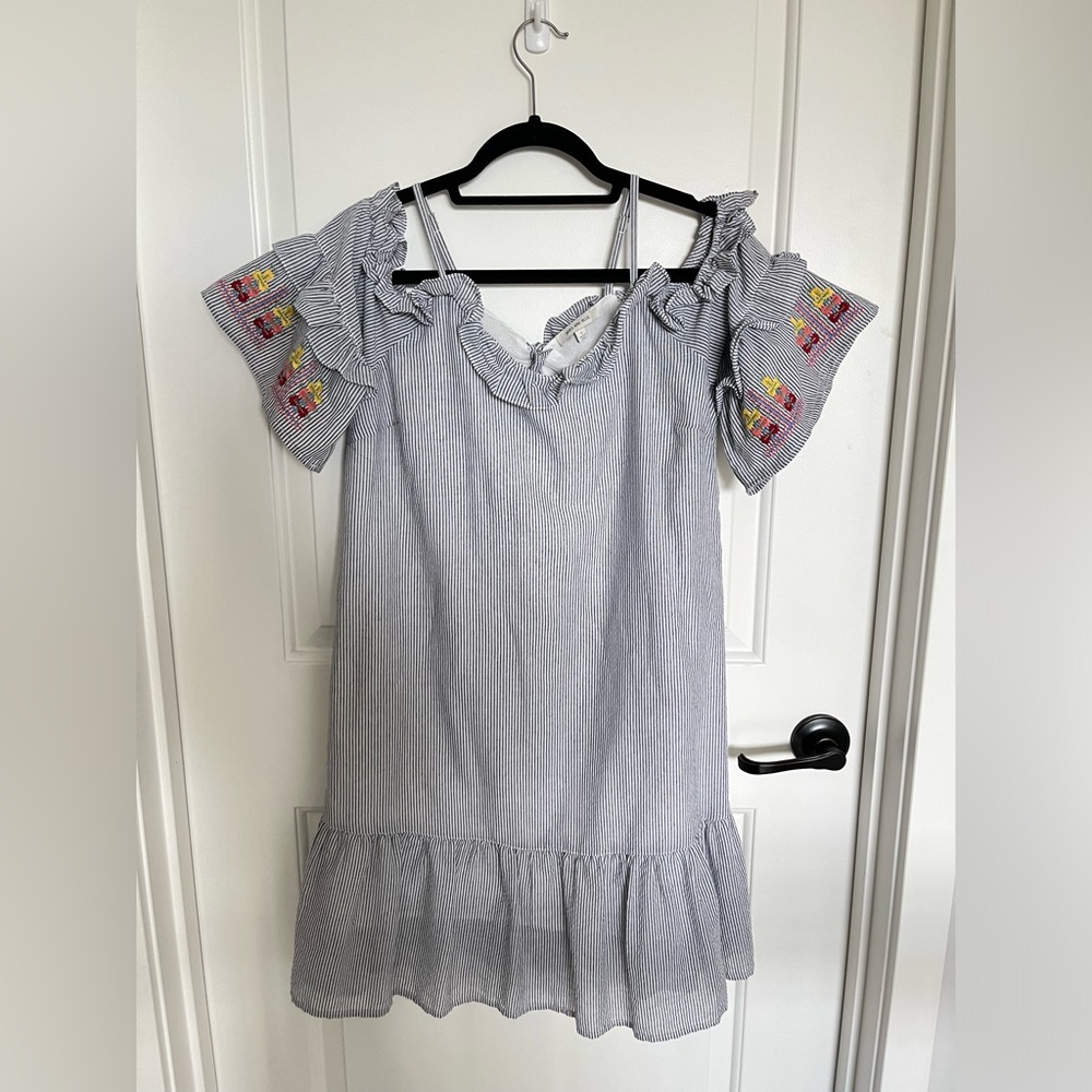 Skies Are Blue Embroidered Off Shoulder Striped Cotton Fully Lined Midi Dress S